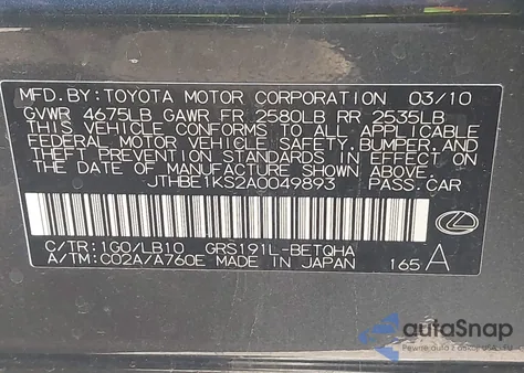 2010 Lexus Gs 350 from USA, damaged, VIN JTHBE1KS2A0049893